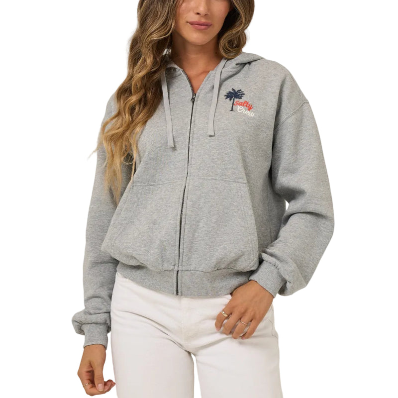 Load image into Gallery viewer, Woman wearing a gray hoodie with a Salty Crew logo on a white background
