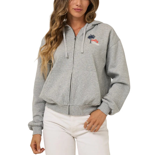 Woman wearing a gray hoodie with a Salty Crew logo on a white background