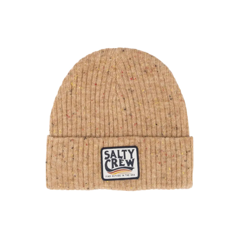 Load image into Gallery viewer, Beige knit beanie with Salty Crew logo on a white background
