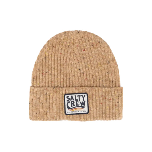 Beige knit beanie with Salty Crew logo on a white background