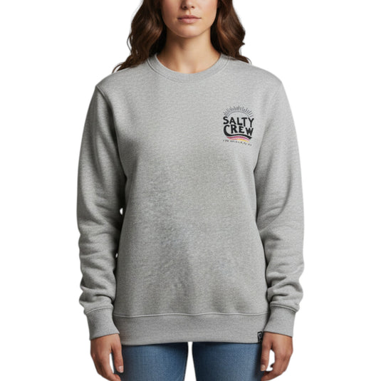 Person wearing a gray sweatshirt with Salty Crew logo on a white background