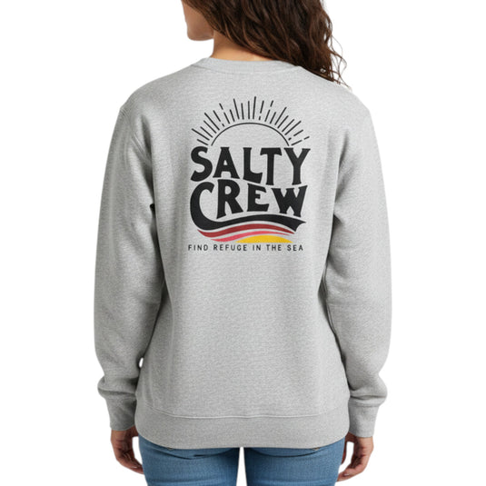 Person wearing a gray sweatshirt with 'Salty Crew' logo on the back