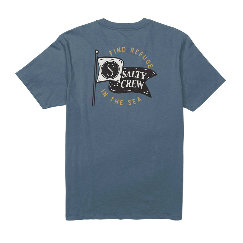 Load image into Gallery viewer, Blue t-shirt with Salty Crew logo and text on a white background
