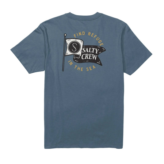Blue t-shirt with Salty Crew logo and text on a white background