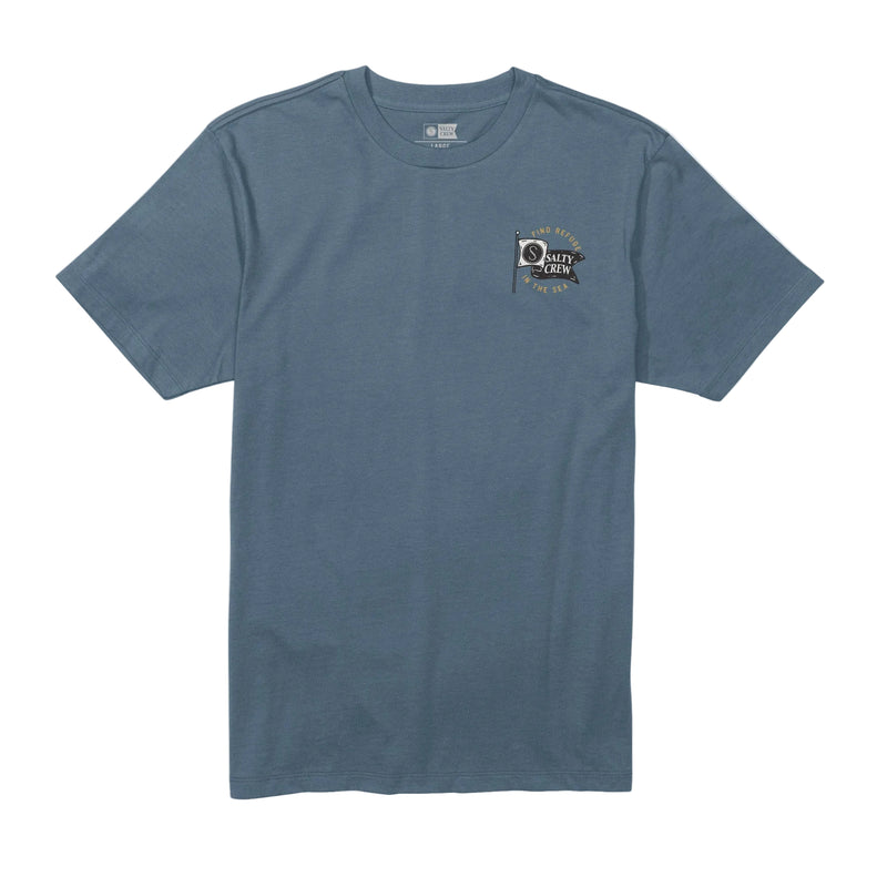 Load image into Gallery viewer, Blue t-shirt with a small graphic on a white background
