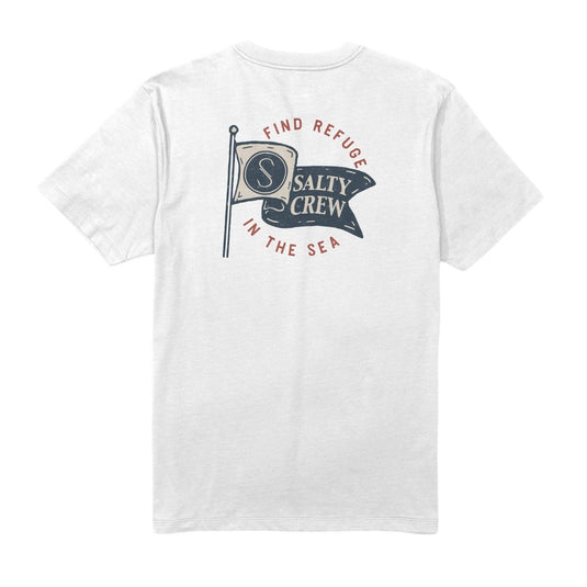 A white short-sleeve crewneck t-shirt shown from the back, featuring a vintage-style graphic of a flag with the text 'SALTY CREW' and 'FIND REFUGE IN THE SEA' in red and dark blue.