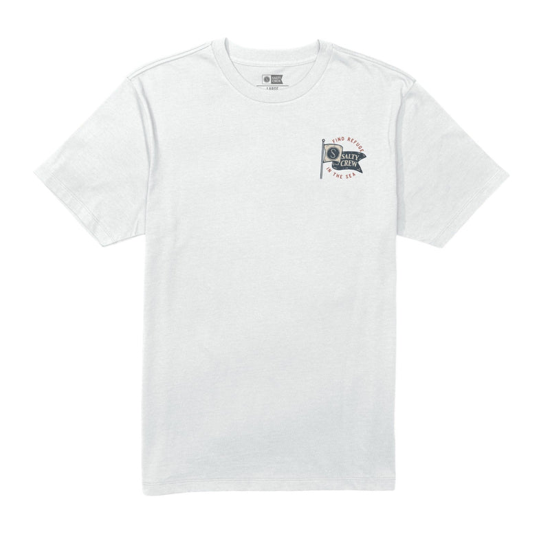 Load image into Gallery viewer, A white short-sleeve crewneck t-shirt with a small vintage-style graphic on the left chest featuring a flag and the text 'SUNSET BAY'.

