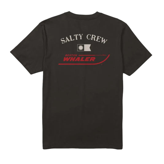 Black t-shirt with Salty Crew and Whaler logos on a white background
