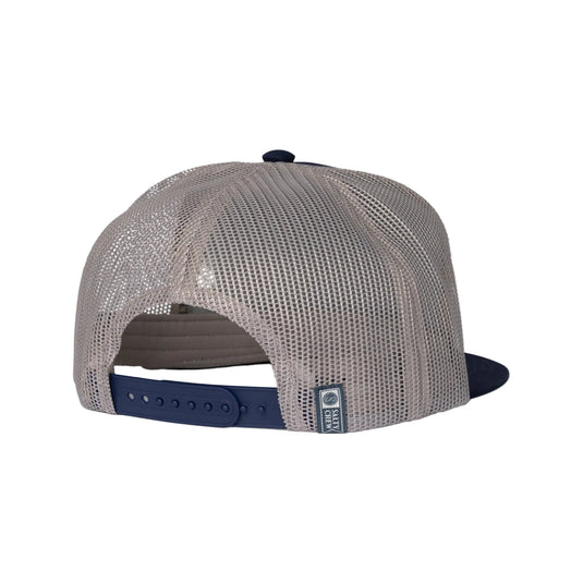 Gray mesh cap with blue bill on a white background