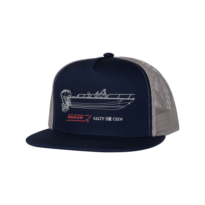 Load image into Gallery viewer, Navy blue and gray trucker hat with graphic design on a white background
