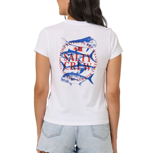 Back shot of a white Salty Crew tee with fish graphics overlaying the Salty Crew logo on a white background. 