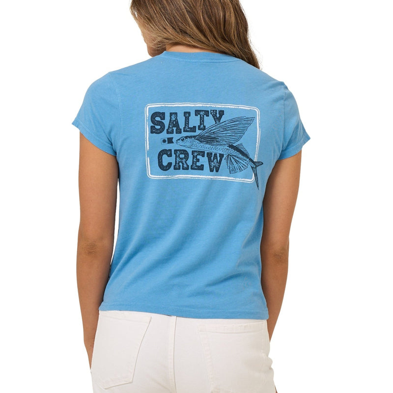 Load image into Gallery viewer, Salty Crew women's blue t-shirt that is slightly fitted with cap sleeves, featuring a flying fish logo on the back . 
