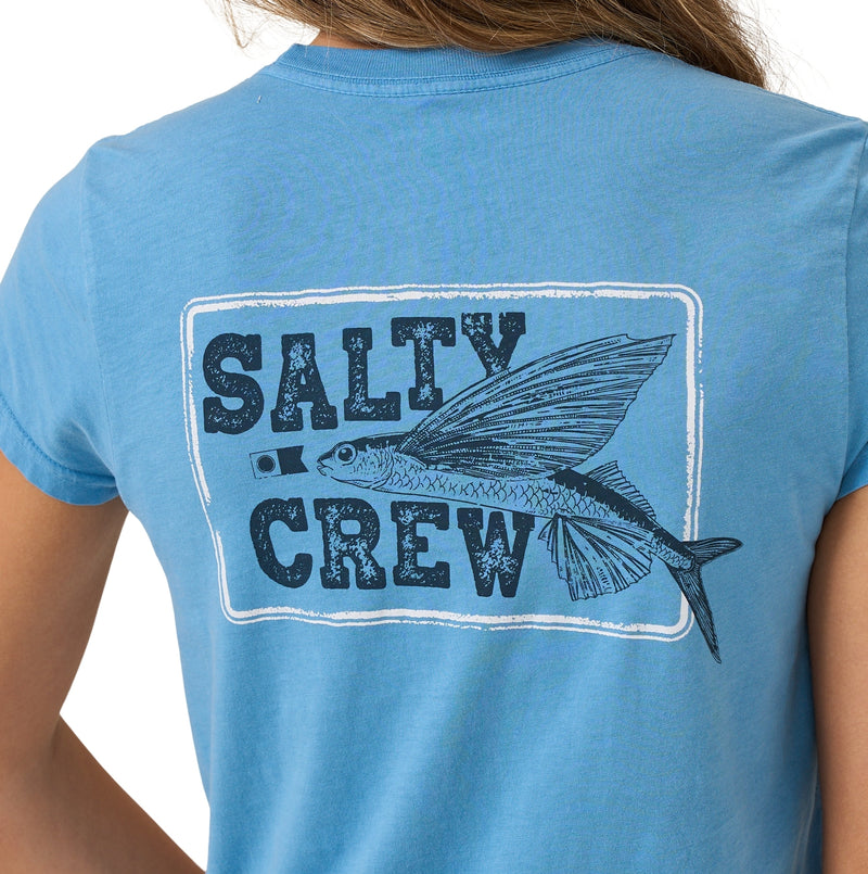 Load image into Gallery viewer, Salty Crew women's blue t-shirt that is slightly fitted with cap sleeves, featuring a flying fish logo on the back . 
