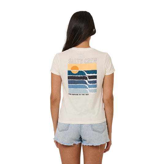 Salty Crew women's off white t-shirt that is slightly fitted with cap sleeves, featuring a retro wave logo on the back.