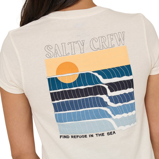Salty Crew women's off white t-shirt that is slightly fitted with cap sleeves, featuring a retro wave logo on the back.