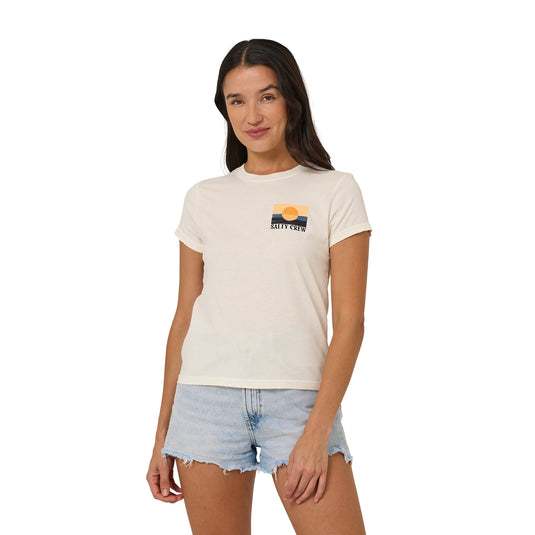 Salty Crew women's off white t-shirt that is slightly fitted with cap sleeves, featuring a retro wave logo on the front left chest.