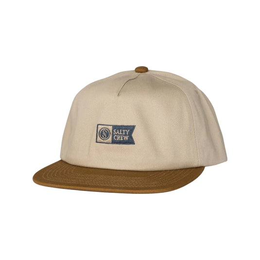 Beige and brown cap with a Salty Crew logo on a white background