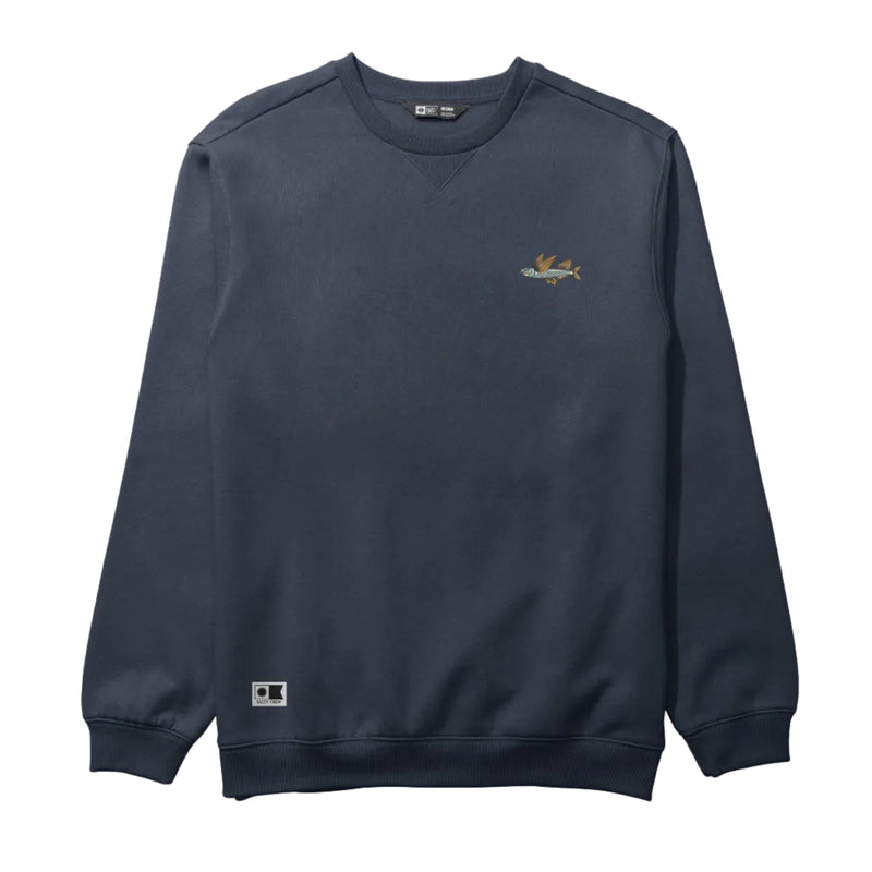Load image into Gallery viewer, Navy blue sweatshirt with a small logo on a light gray background
