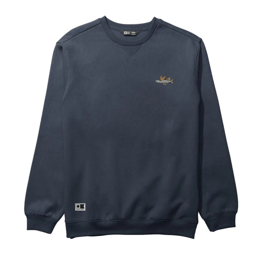 Navy blue sweatshirt with a small logo on a light gray background