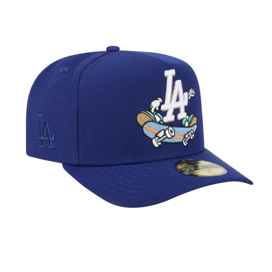 Blue Dodgers cap with a cartoon logo on a white background