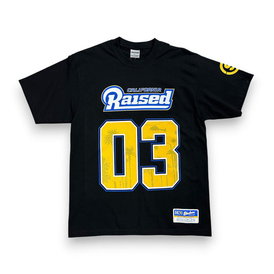 Black t-shirt with 'Raised' and number '03' on a white background
