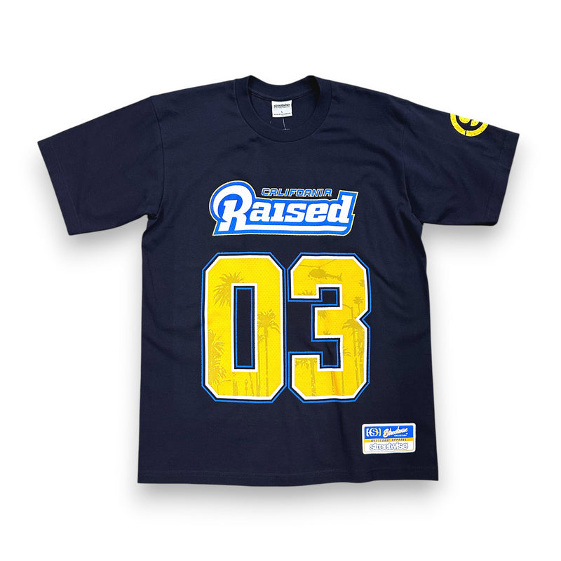 Load image into Gallery viewer, Navy blue t-shirt with 'Raised' and number '03' on a white background
