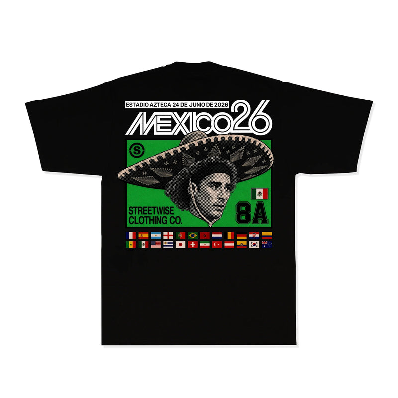 Load image into Gallery viewer, A black short-sleeve t-shirt with a large graphic print on the front, featuring a green and white design with the text 'MEXICO 26', 'Streetwise Clothing Co.', '8A', and a sombrero illustration.
