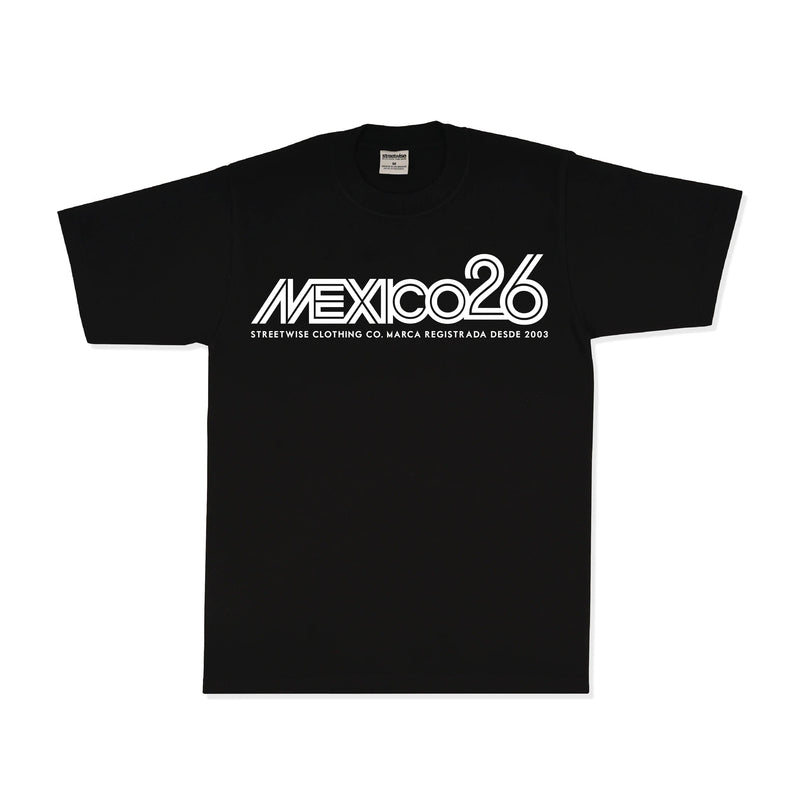 Load image into Gallery viewer, Black t-shirt with 'MEXICO26' text on a white background
