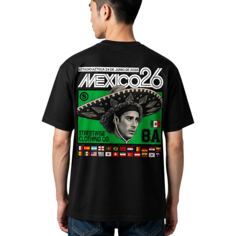 Load image into Gallery viewer, A man viewed from the back wearing a black t-shirt with a large graphic print on the back. The graphic features the text 'MEXICO 26' in white, a green background, a large sombrero, a portrait of a man, and various small national flags along the bottom.
