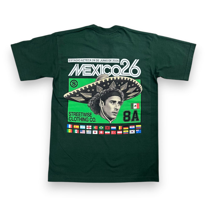 Load image into Gallery viewer, A dark green short-sleeve t-shirt with a large graphic print on the front, featuring a Mexican theme with a sombrero, a portrait, and various text elements including 'MEXICO 26' and 'Streetwise Clothing Co'.
