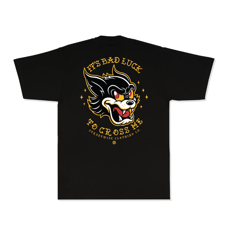 Load image into Gallery viewer, Black t-shirt with a cat graphic and 'It's Bad Luck To Cross Me' Text on a white background

