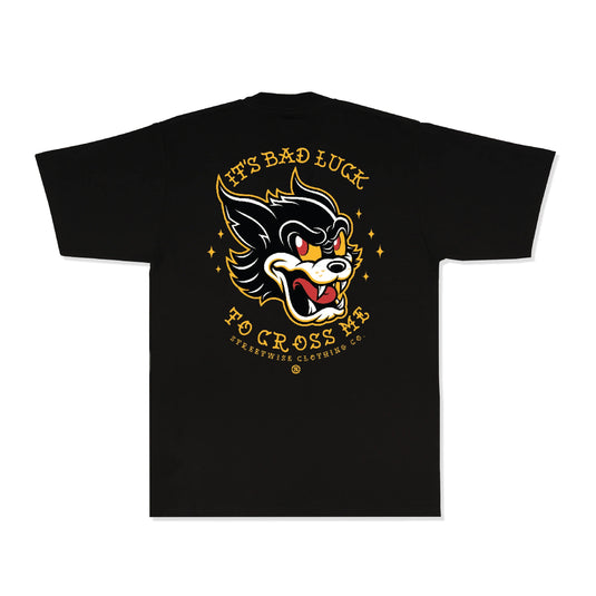Black t-shirt with a cat graphic and 'It's Bad Luck To Cross Me' Text on a white background