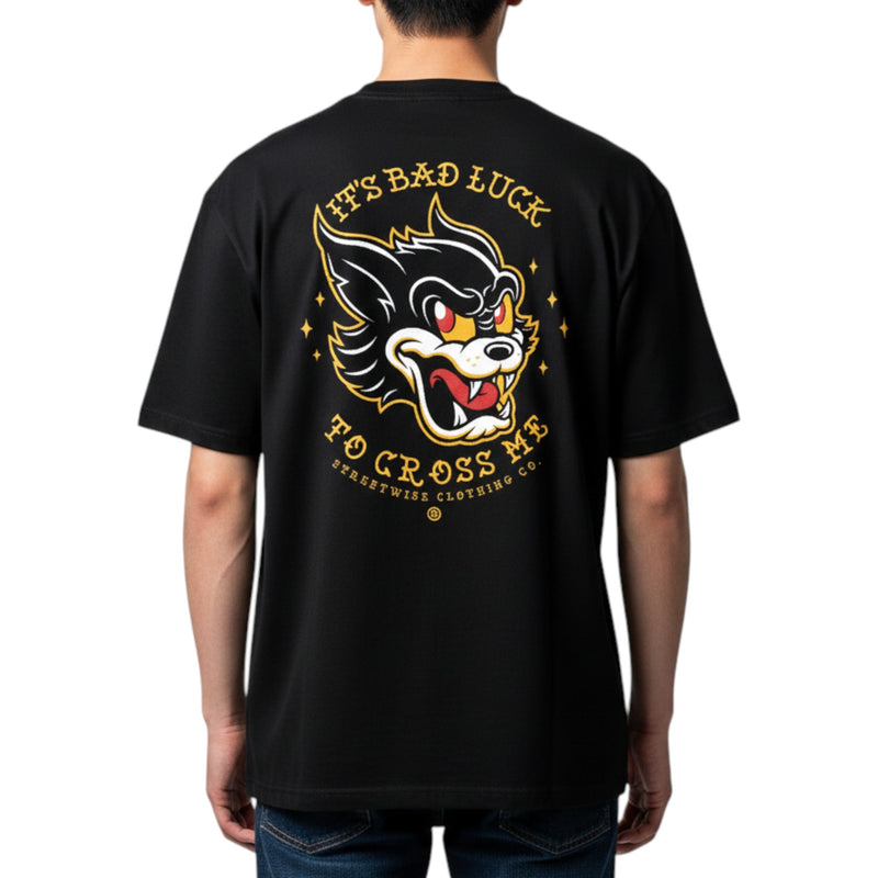 Load image into Gallery viewer, Black t-shirt with a graphic design on the back, worn by a person.
