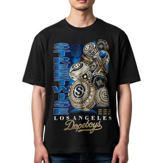 Black t-shirt with 'Streewise Los Angeles Dopeboys' design on a white background