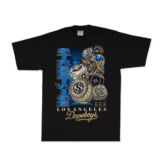 Black t-shirt with 'Streetwise Los Angeles Dopeboys' design on a white background