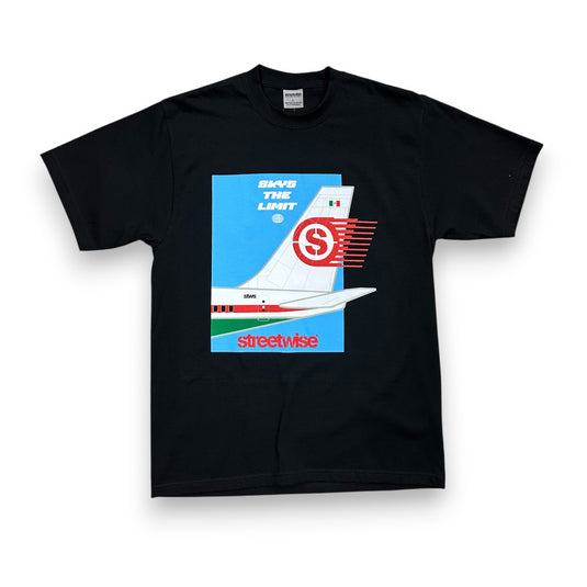 Black t-shirt with a graphic design featuring an airplane and text on a white background