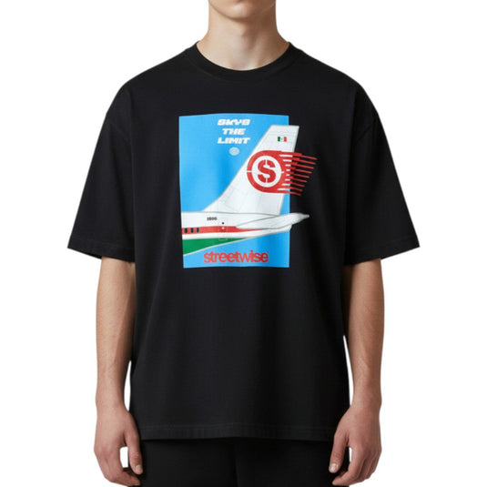 Black t-shirt with a graphic design on a white background