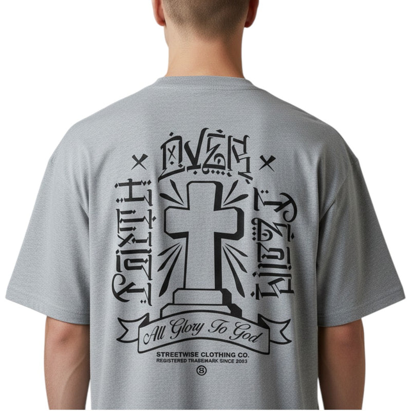 Load image into Gallery viewer, Gray t-shirt with a black cross design and text on the back, worn by a person.
