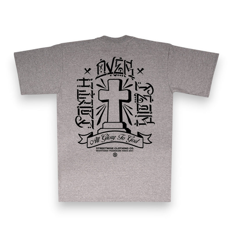 Load image into Gallery viewer, Gray t-shirt with black cross design and text on a white background
