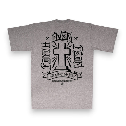 Gray t-shirt with black cross design and text on a white background