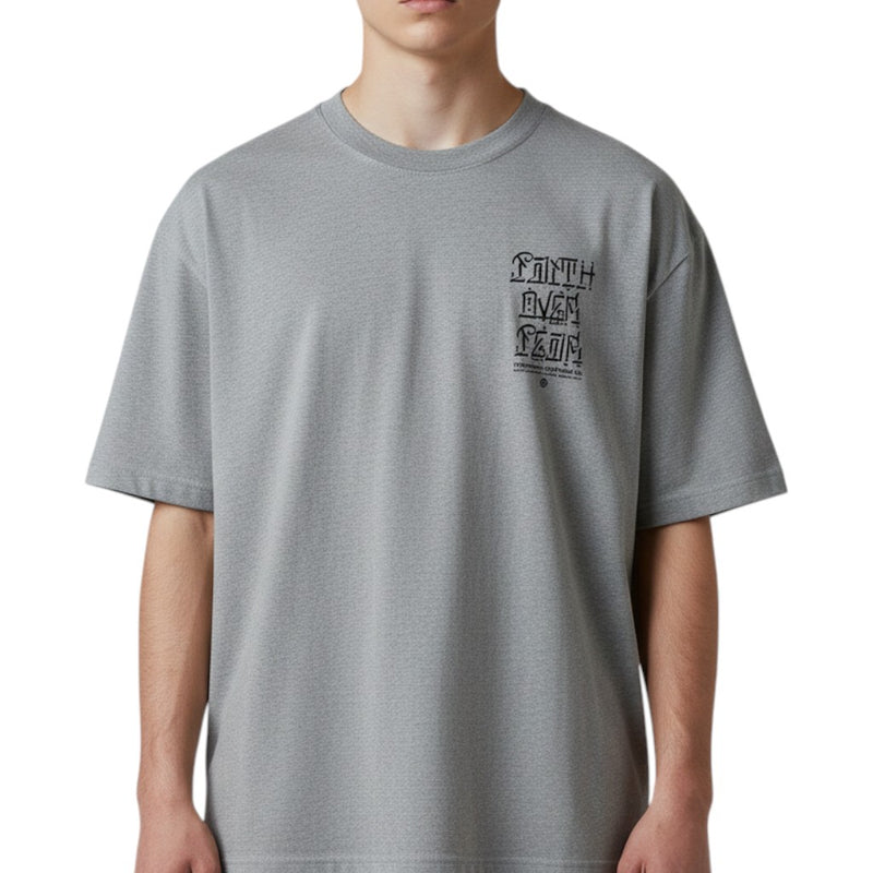 Load image into Gallery viewer, Person wearing a gray t-shirt with a logo on the chest against a white background
