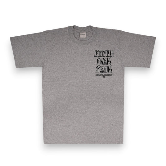 Gray t-shirt with black text on a white background