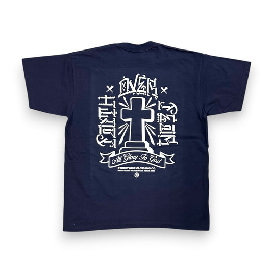 Navy blue t-shirt with white graphic design on a white background