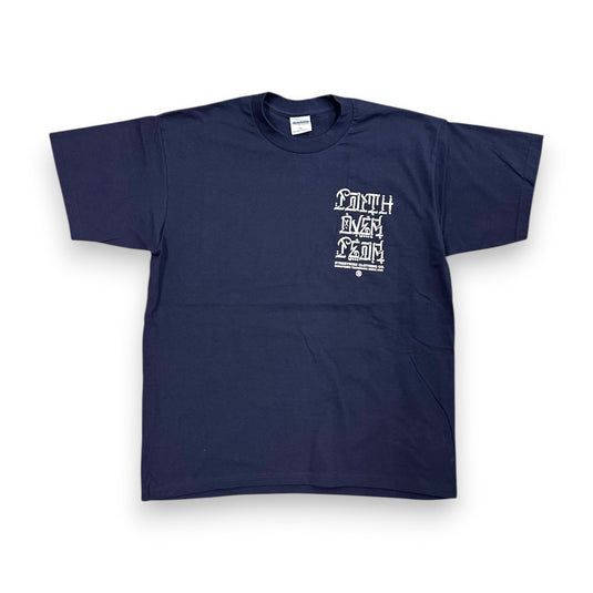Navy blue t-shirt with white text on a white background