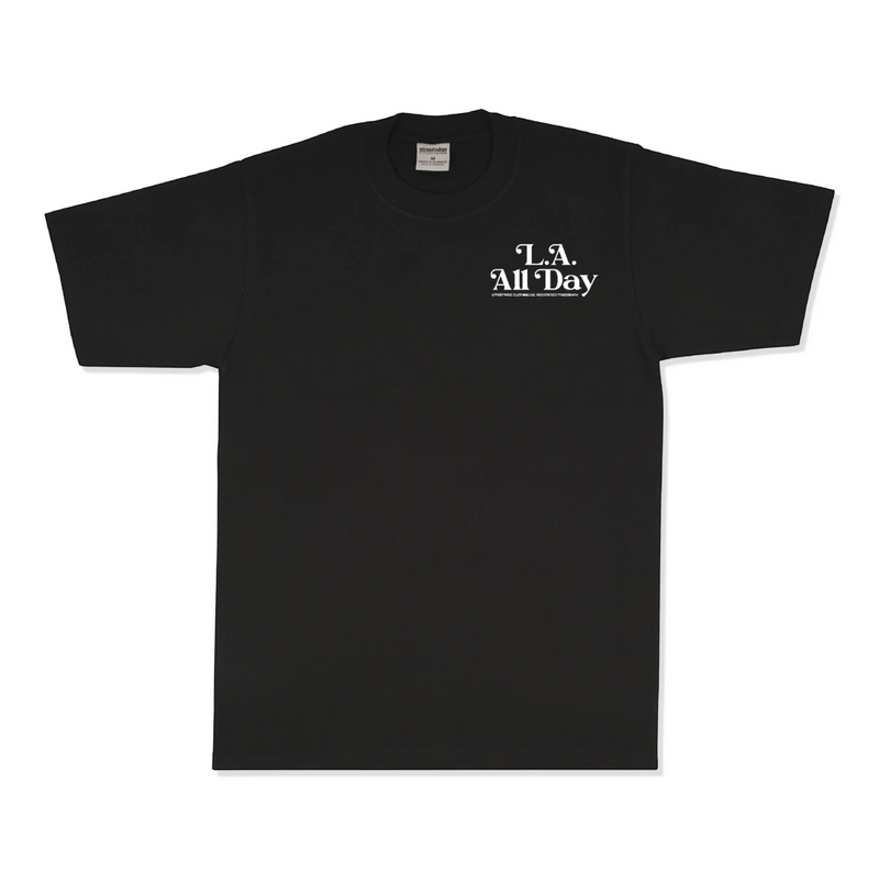 Load image into Gallery viewer, A black short-sleeve crewneck t-shirt with 'L.A.
