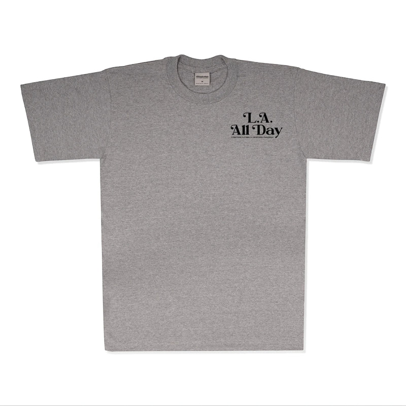 Load image into Gallery viewer, A heather gray short-sleeve crewneck t-shirt with 'L.A.
