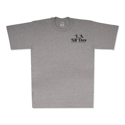 A heather gray short-sleeve crewneck t-shirt with 'L.A.