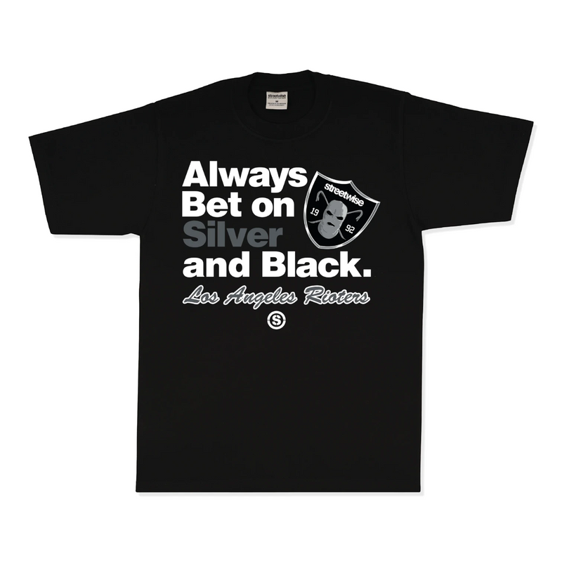 Load image into Gallery viewer, A black short-sleeve t-shirt with a graphic print on the front. The graphic features the text 'Always Bet on Silver and Black.
