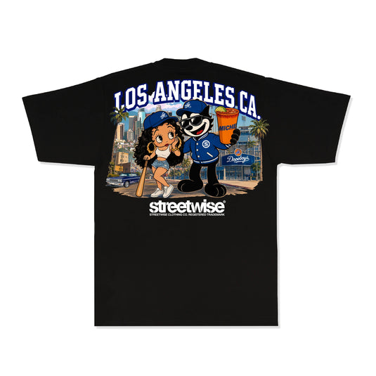 A black short-sleeve t-shirt with a large graphic print on the back, featuring the text 'LOS ANGELES CA.' above two cartoon characters in blue outfits, with 'streetwise' printed below.
