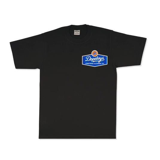 A black short-sleeve crewneck t-shirt featuring a blue and white 'Dopeboy's' logo patch on the left chest, displayed flat against a white background.